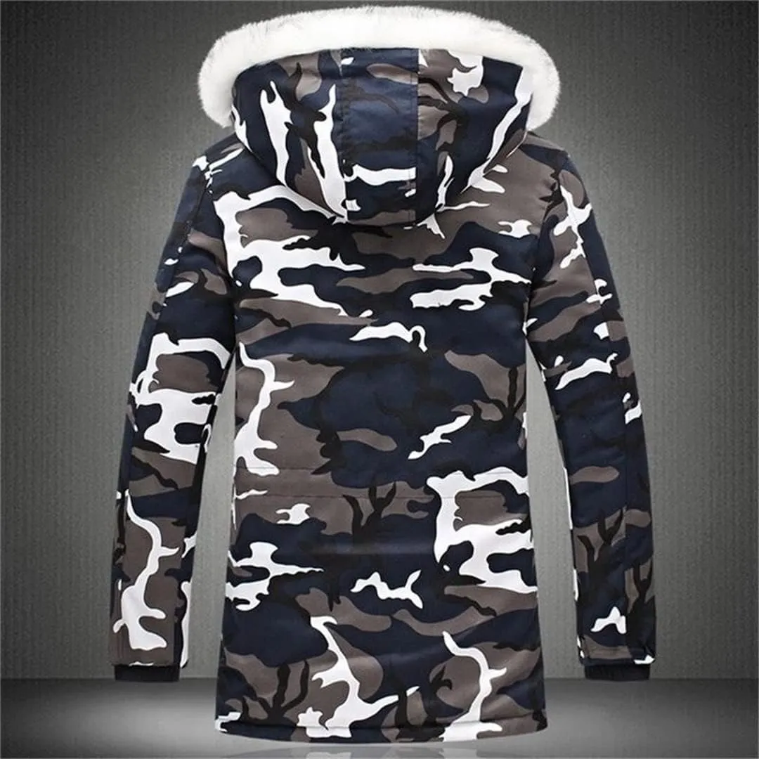 Men Hooded Parka Jacket with Fur Collar Long Sleeve Warm Cotton-Padded Coats Windproof Outdoor Jacket