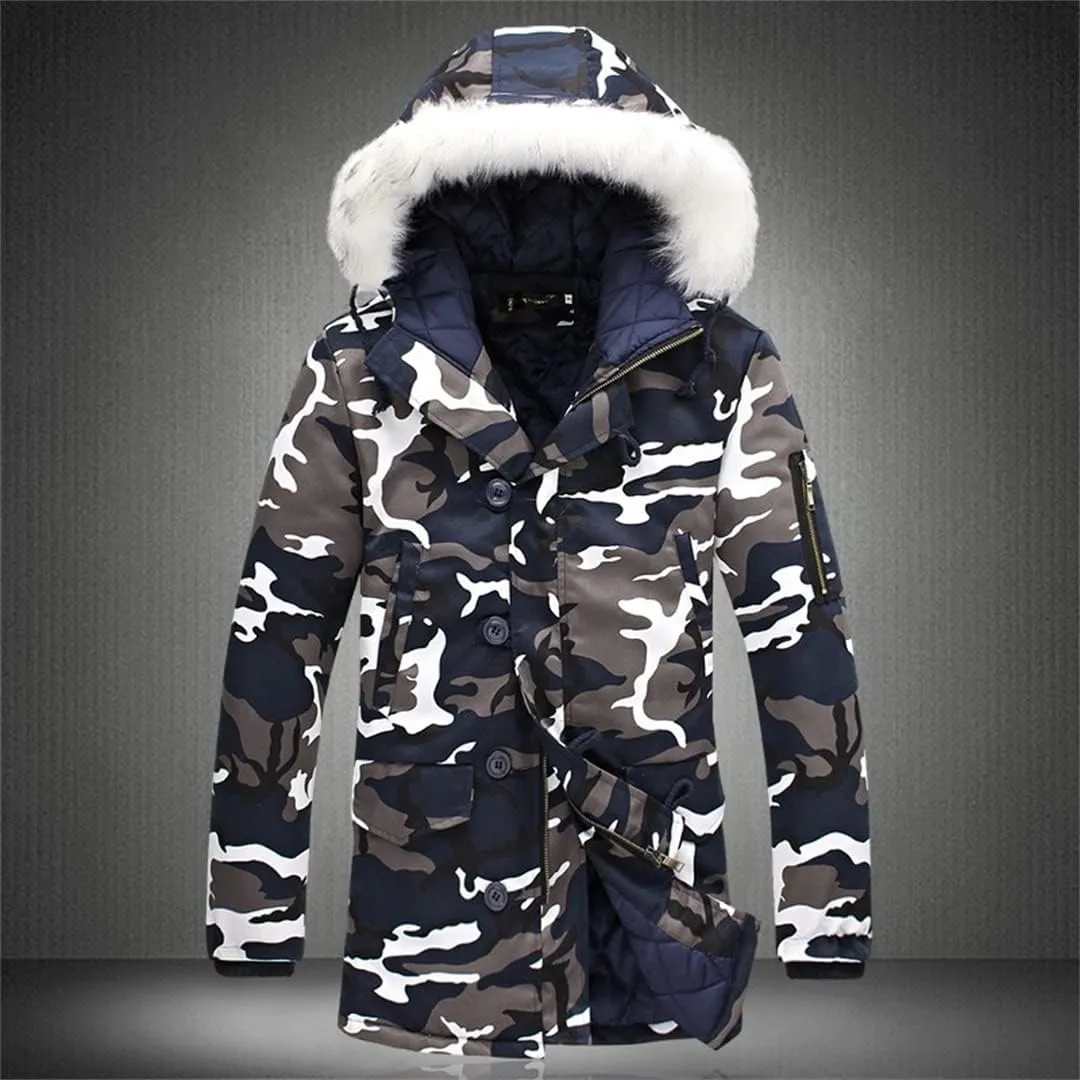 Men Hooded Parka Jacket with Fur Collar Long Sleeve Warm Cotton-Padded Coats Windproof Outdoor Jacket