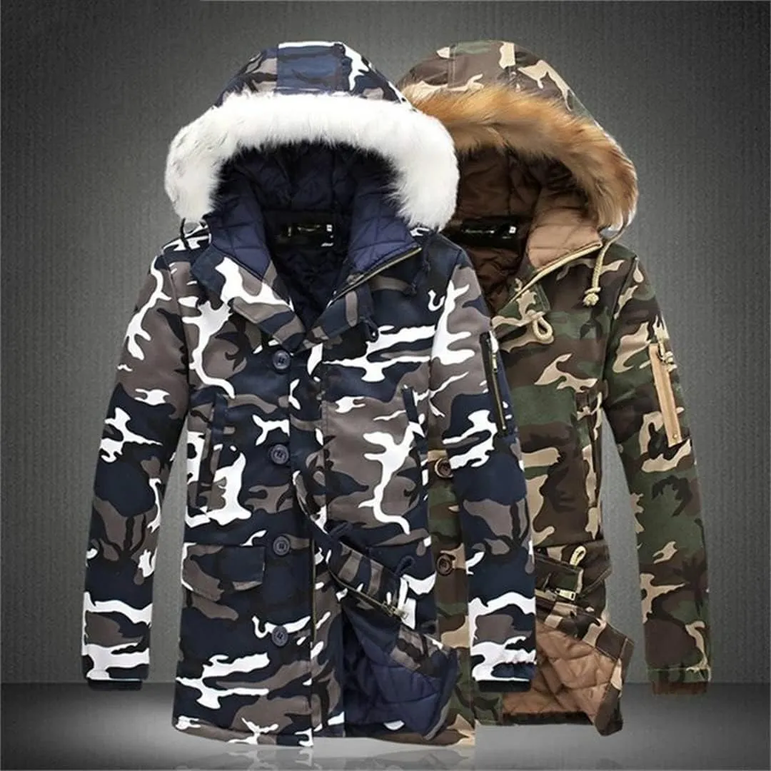 Men Hooded Parka Jacket with Fur Collar Long Sleeve Warm Cotton-Padded Coats Windproof Outdoor Jacket