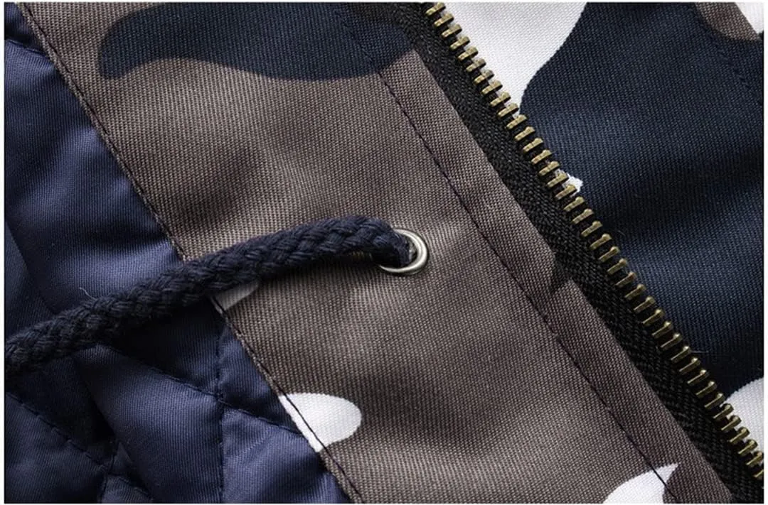 Men Hooded Parka Jacket with Fur Collar Long Sleeve Warm Cotton-Padded Coats Windproof Outdoor Jacket