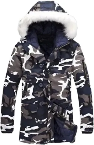 Men Hooded Parka Jacket with Fur Collar Long Sleeve Warm Cotton-Padded Coats Windproof Outdoor Jacket