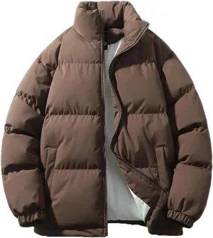 Men Solid Color Stand Collar Pockets Cotton-Padded Classic Thicken Oversized Zipper Parka Coat