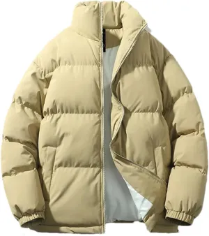 Men Solid Color Stand Collar Pockets Cotton-Padded Classic Thicken Oversized Zipper Parka Coat