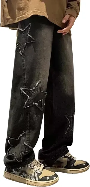 Men Y2k Jeans Hip Hop Baggy Star Embroidery Denim Pant Straight Wide Leg Denim Pants Harajuku Streetwear Graphic Jean Trouser