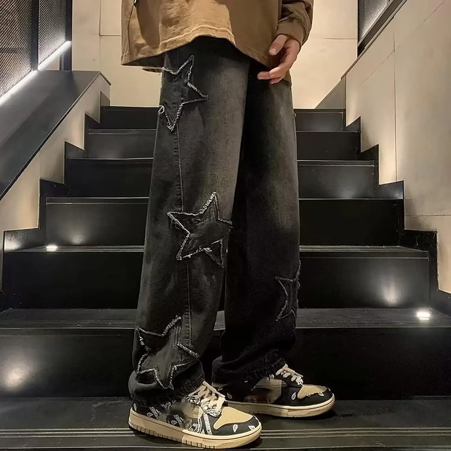Men Y2k Jeans Hip Hop Baggy Star Embroidery Denim Pant Straight Wide Leg Denim Pants Harajuku Streetwear Graphic Jean Trouser