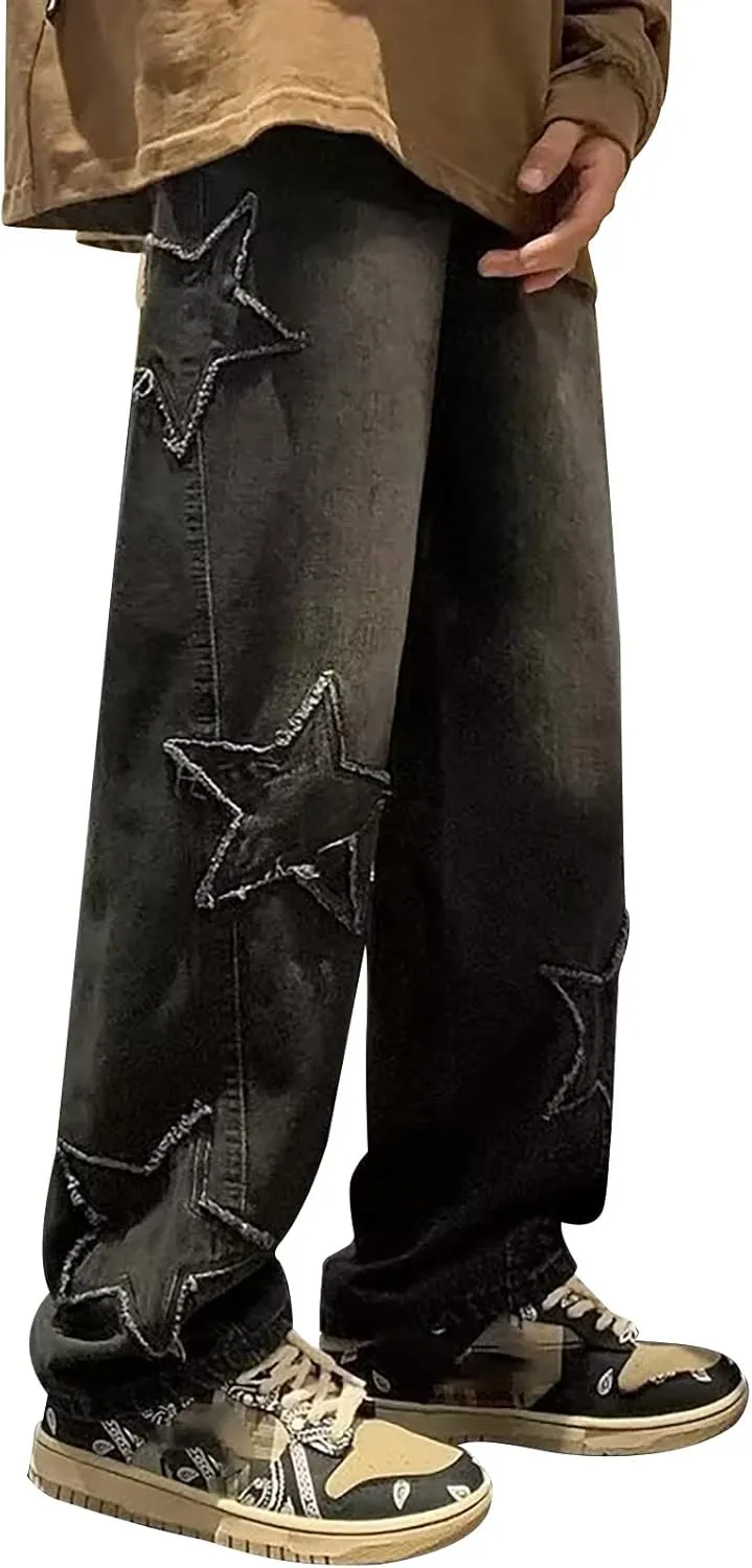 Men Y2k Jeans Hip Hop Baggy Star Embroidery Denim Pant Straight Wide Leg Denim Pants Harajuku Streetwear Graphic Jean Trouser
