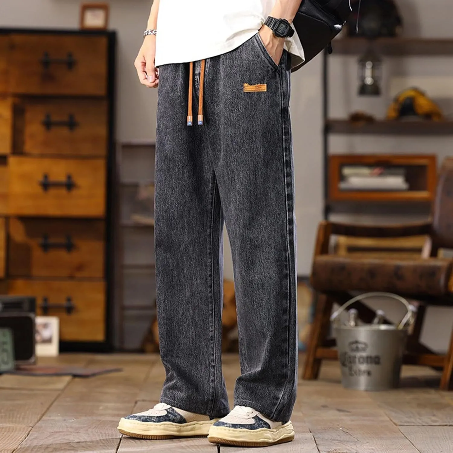Men's Baggy Jeans Hip Hop Loose Fit Elastic Waist Jeans Y2K Hip Hop Straight Leg Skate Denim Pants Harajuku Trousers