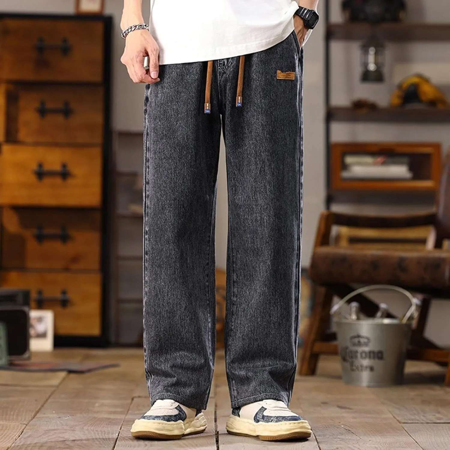 Men's Baggy Jeans Hip Hop Loose Fit Elastic Waist Jeans Y2K Hip Hop Straight Leg Skate Denim Pants Harajuku Trousers