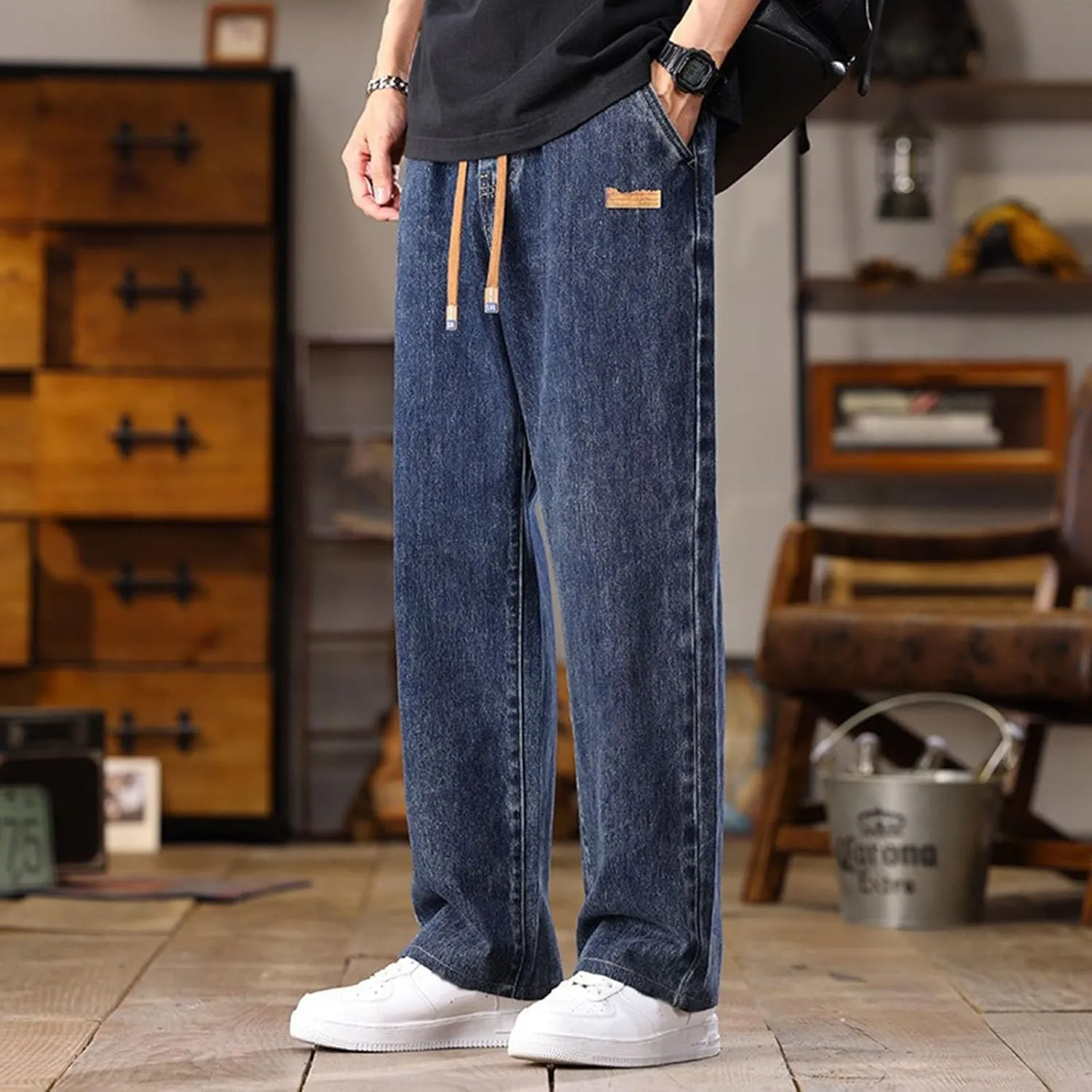 Men's Baggy Jeans Hip Hop Loose Fit Elastic Waist Jeans Y2K Hip Hop Straight Leg Skate Denim Pants Harajuku Trousers