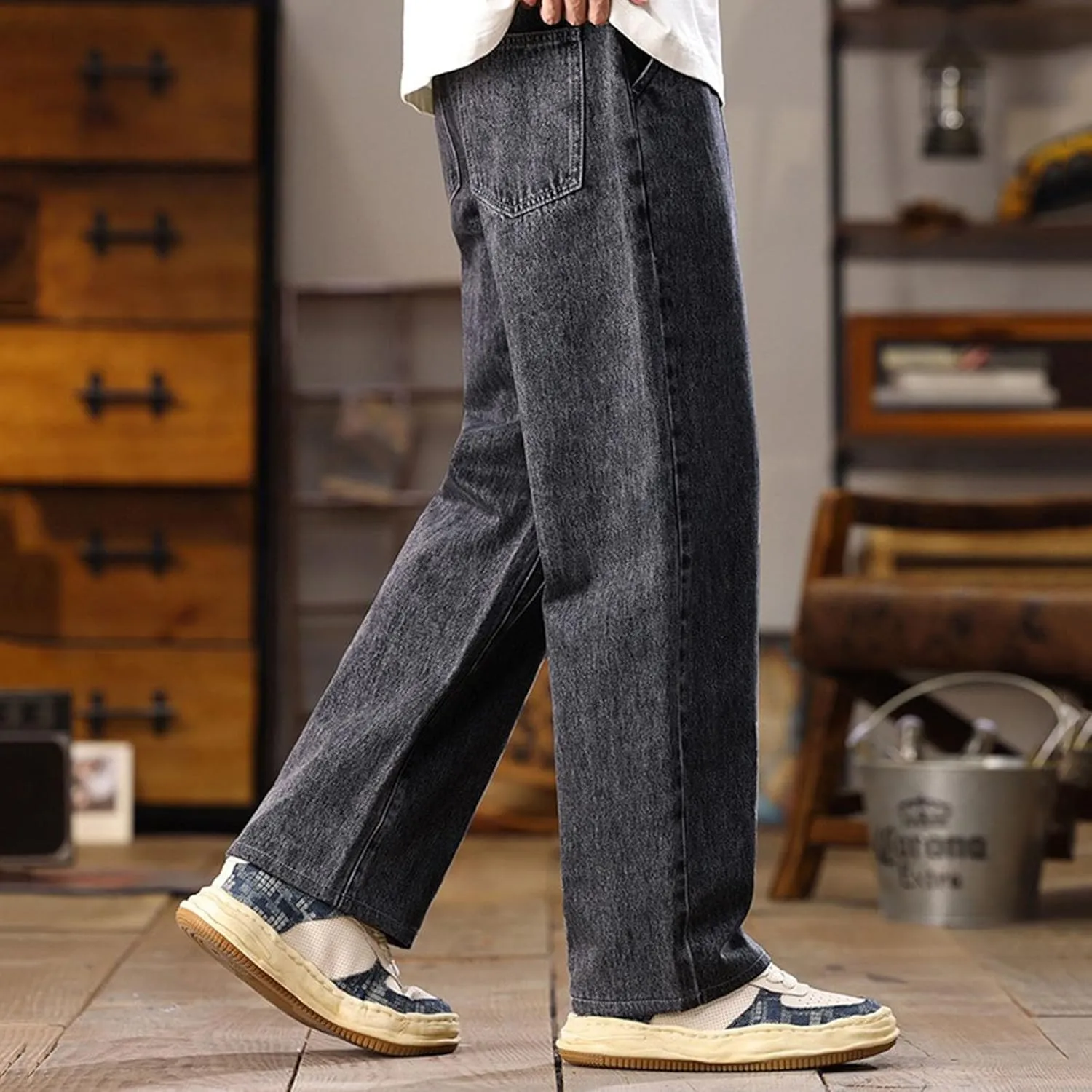 Men's Baggy Jeans Hip Hop Loose Fit Elastic Waist Jeans Y2K Hip Hop Straight Leg Skate Denim Pants Harajuku Trousers