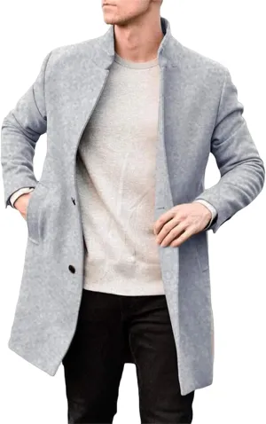 Mens Fall Winter Single Breasted Pea Coat Trench Coat Slim Fit Notched Collar Warm Soft Overcoat