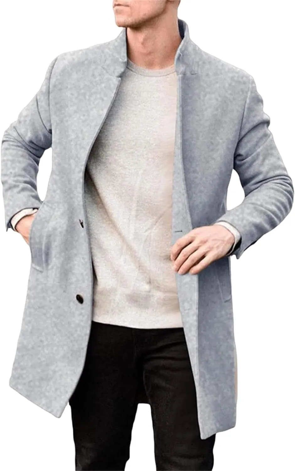 Mens Fall Winter Single Breasted Pea Coat Trench Coat Slim Fit Notched Collar Warm Soft Overcoat