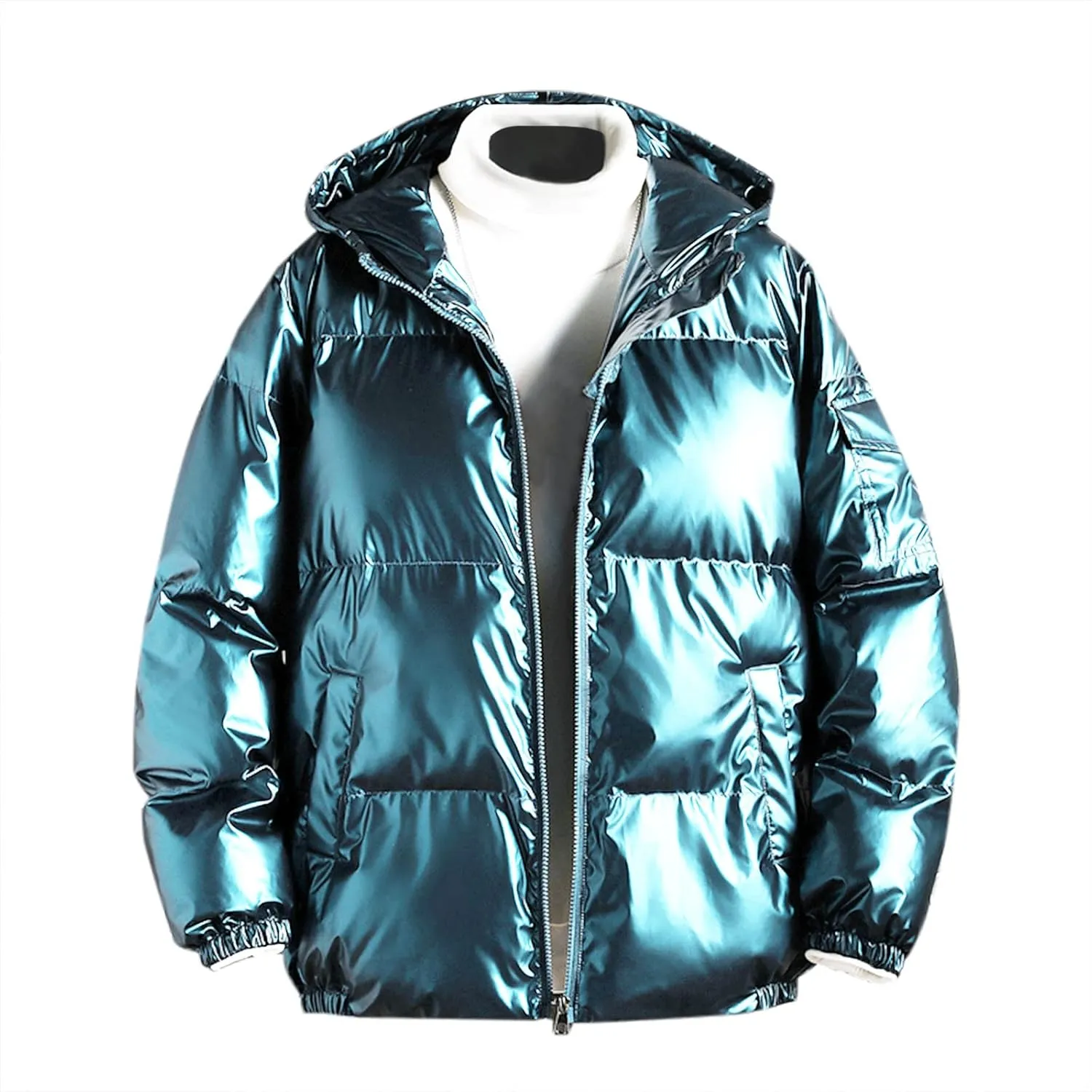 Men's Glossy Padded Winter Hood Coat Shiny Reflective Cotton Padded Hooded Trendy Plus Size Plus Size Hooded Coat