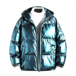 Men's Glossy Padded Winter Hood Coat Shiny Reflective Cotton Padded Hooded Trendy Plus Size Plus Size Hooded Coat