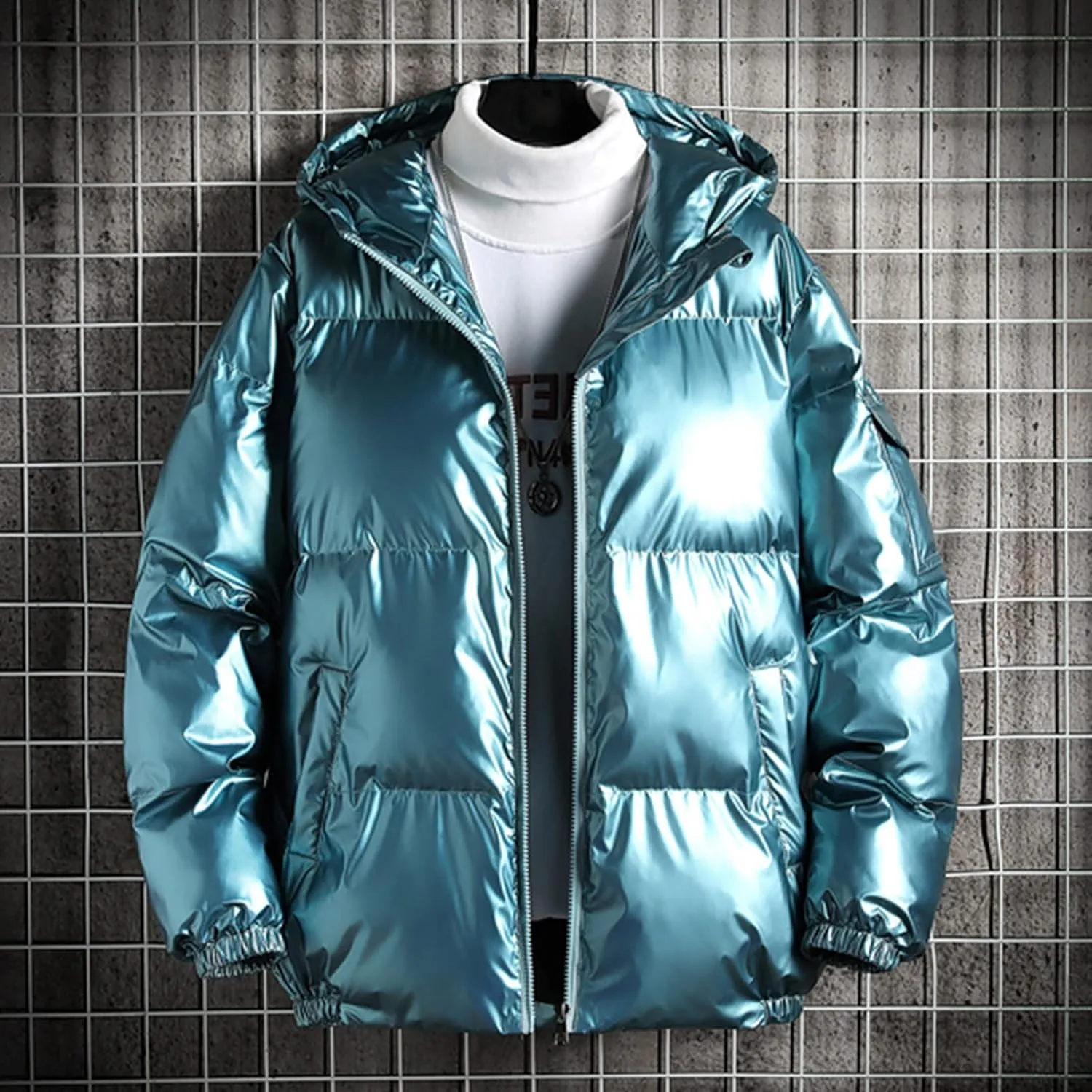 Men's Glossy Padded Winter Hood Coat Shiny Reflective Cotton Padded Hooded Trendy Plus Size Plus Size Hooded Coat