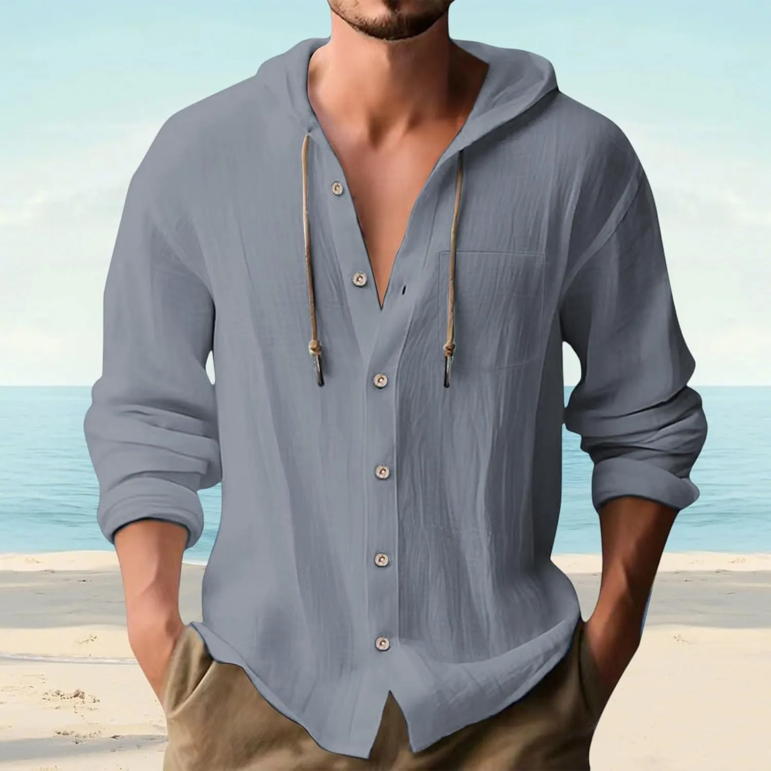 Men's Linen Shirts Long Sleeve Summer Button Down Drawstring Shirt with Hooded Hawaiian Fashion Outfits