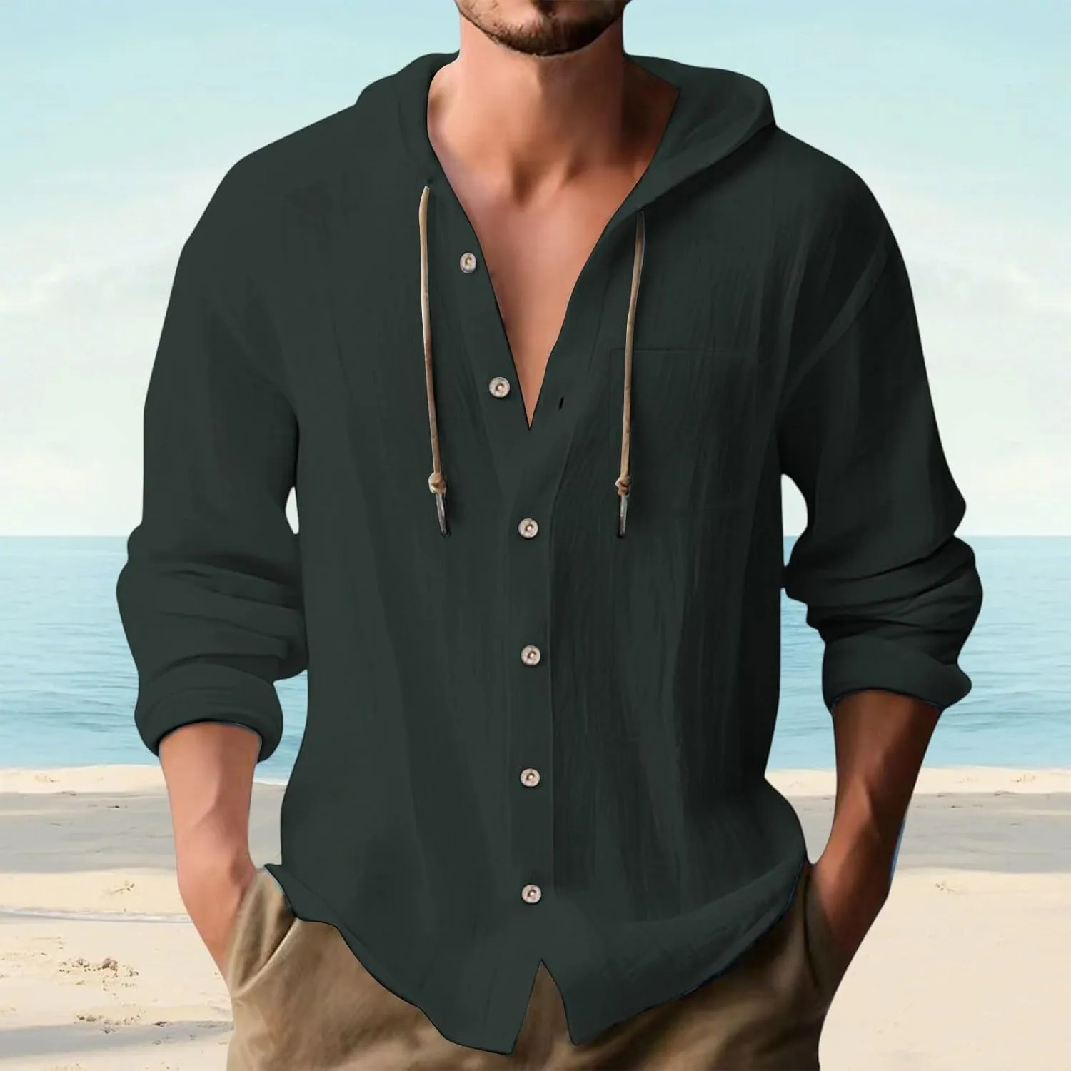 Men's Linen Shirts Long Sleeve Summer Button Down Drawstring Shirt with Hooded Hawaiian Fashion Outfits