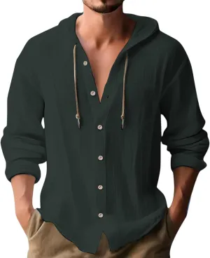 Men's Linen Shirts Long Sleeve Summer Button Down Drawstring Shirt with Hooded Hawaiian Fashion Outfits