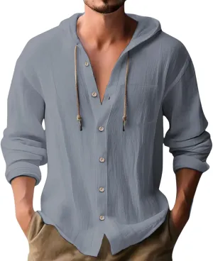 Men's Linen Shirts Long Sleeve Summer Button Down Drawstring Shirt with Hooded Hawaiian Fashion Outfits