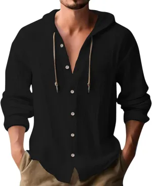 Men's Linen Shirts Long Sleeve Summer Button Down Drawstring Shirt with Hooded Hawaiian Fashion Outfits