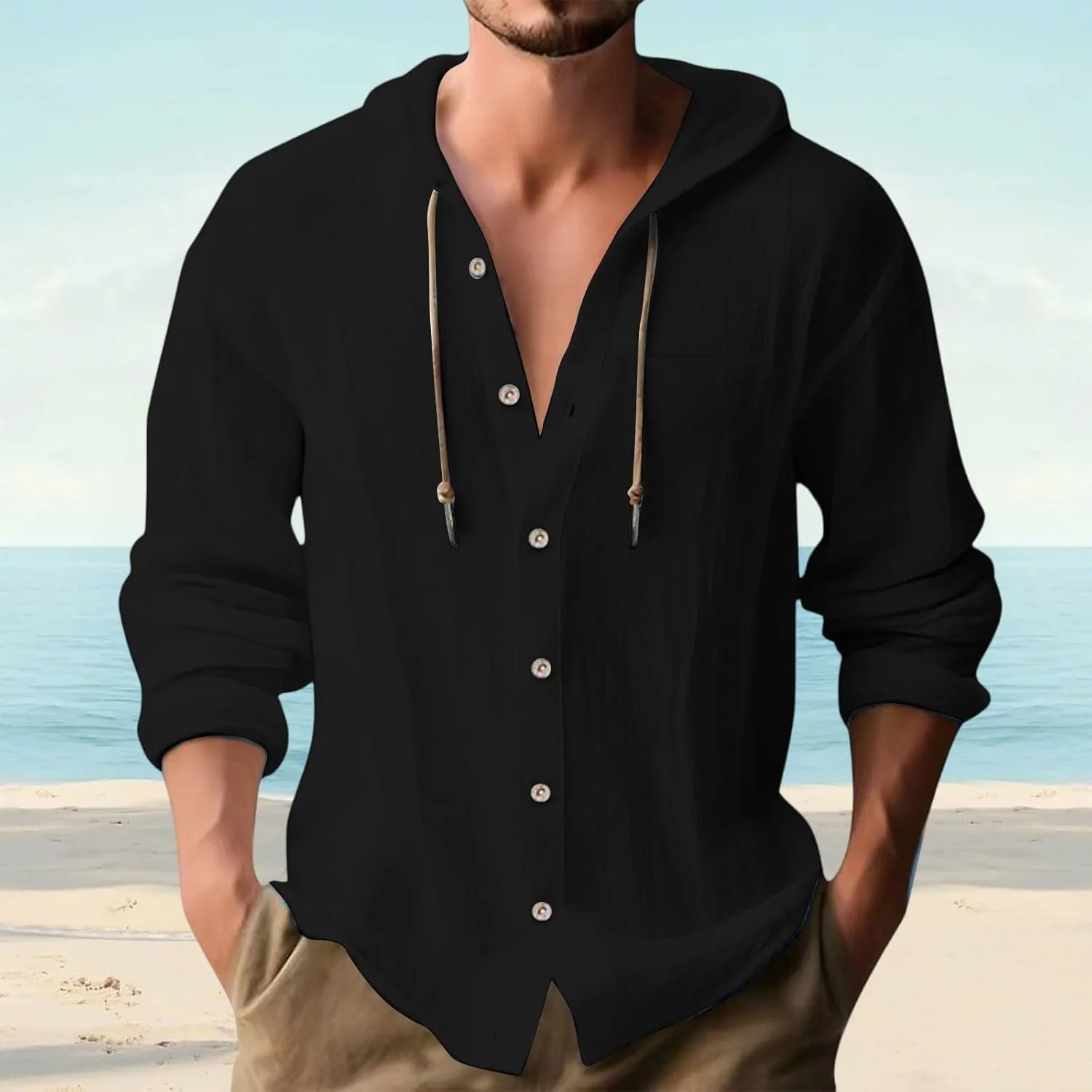Men's Linen Shirts Long Sleeve Summer Button Down Drawstring Shirt with Hooded Hawaiian Fashion Outfits