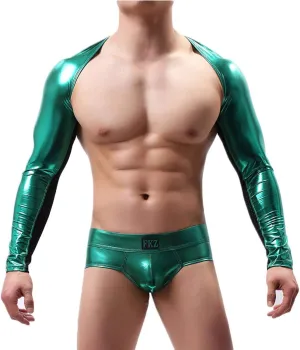 Mens Sexy Harness Tanks PU Leather Long Sleeve Mesh Top Briefs Costume Stage Suits