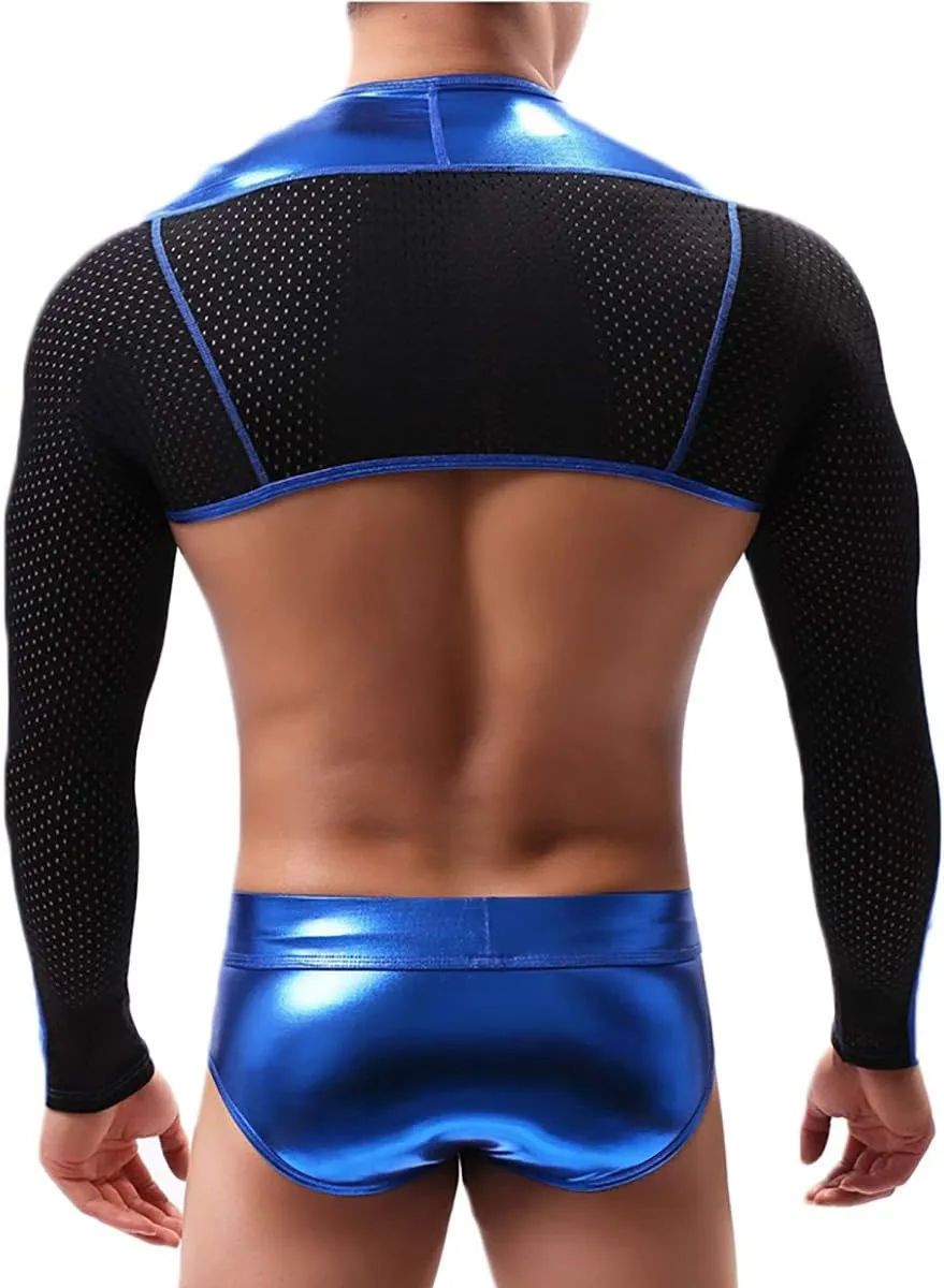 Mens Sexy Harness Tanks PU Leather Long Sleeve Mesh Top Briefs Costume Stage Suits