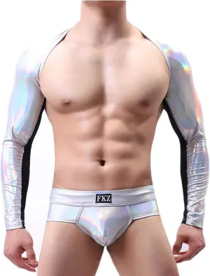 Mens Sexy Harness Tanks PU Leather Long Sleeve Mesh Top Briefs Costume Stage Suits