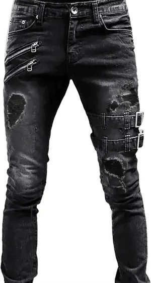 Mens Skinny Jeans Stretch Fit Hip Hop Ripped Jeans Casual Fashion Slim Fit Moto Biker Washed Cargo Denim Pants Streetwear