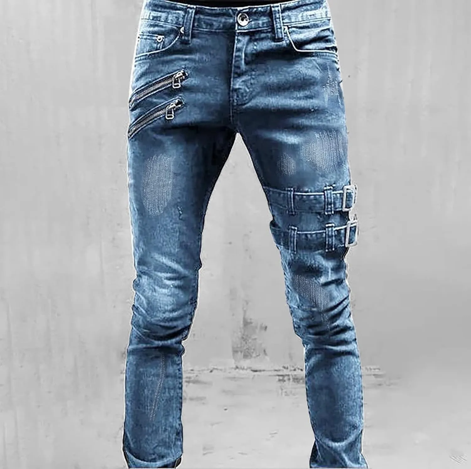Mens Skinny Jeans Stretch Fit Hip Hop Ripped Jeans Casual Fashion Slim Fit Moto Biker Washed Cargo Denim Pants Streetwear