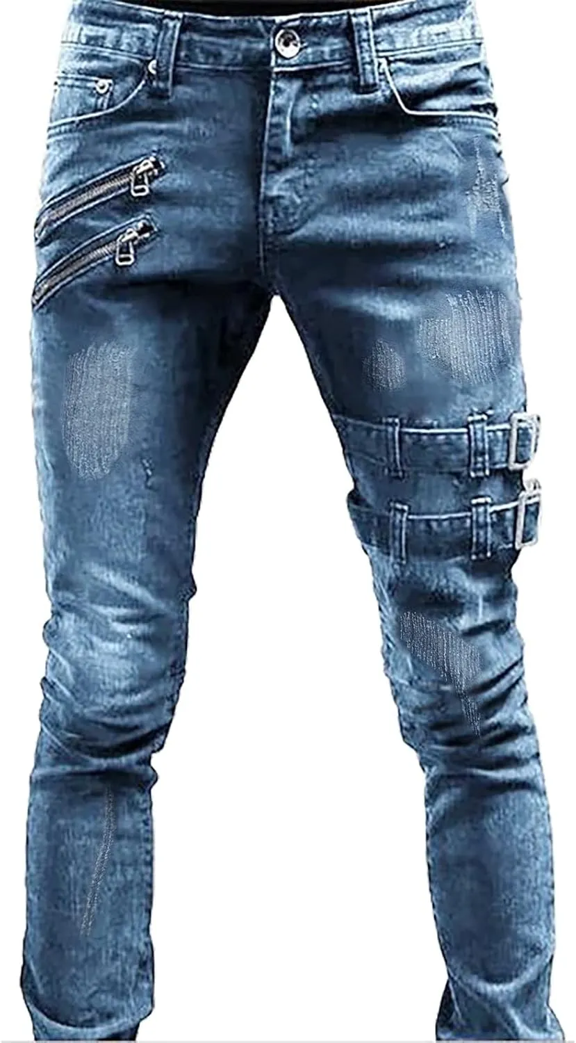 Mens Skinny Jeans Stretch Fit Hip Hop Ripped Jeans Casual Fashion Slim Fit Moto Biker Washed Cargo Denim Pants Streetwear