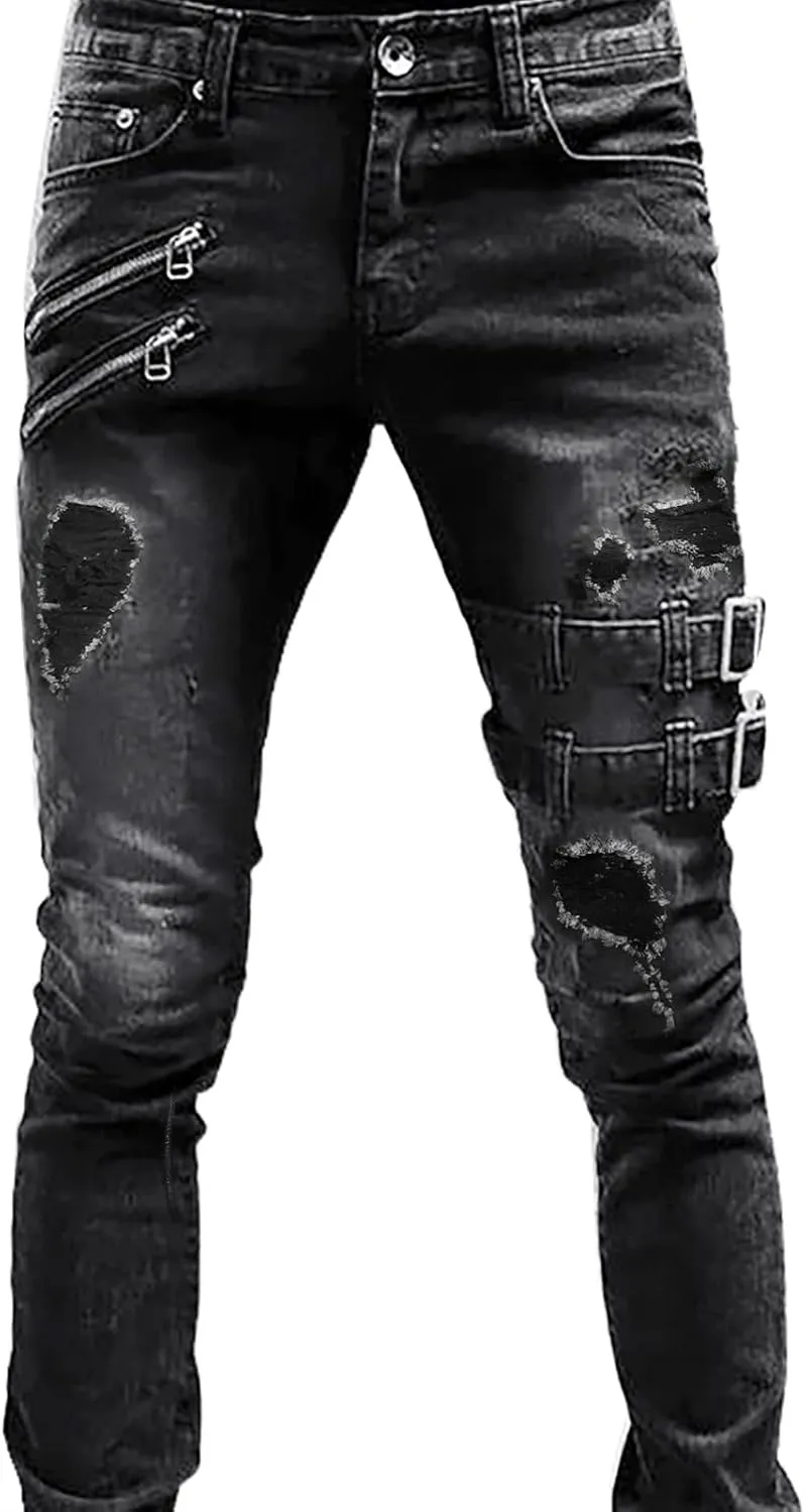 Mens Skinny Jeans Stretch Fit Hip Hop Ripped Jeans Casual Fashion Slim Fit Moto Biker Washed Cargo Denim Pants Streetwear