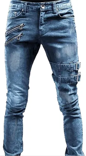 Mens Skinny Jeans Stretch Fit Hip Hop Ripped Jeans Casual Fashion Slim Fit Moto Biker Washed Cargo Denim Pants Streetwear