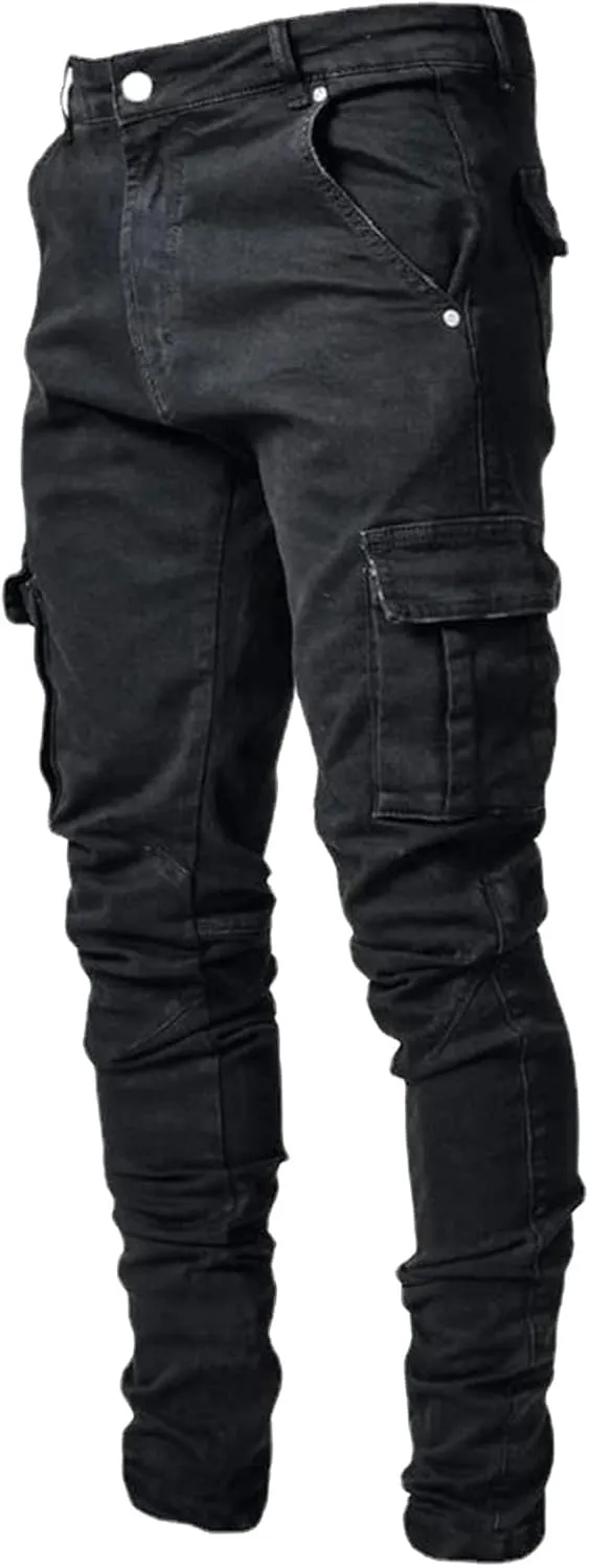Men's Slim Fit Denim Jeans Casual Fashion Tapered Cargo Jeans Straight Leg Pants Trousers Streetwear Hip Hop Jean with Zipper