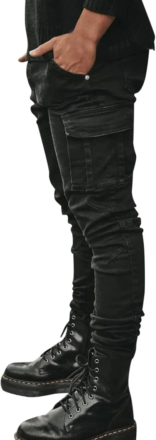 Men's Slim Fit Denim Jeans Casual Fashion Tapered Cargo Jeans Straight Leg Pants Trousers Streetwear Hip Hop Jean with Zipper