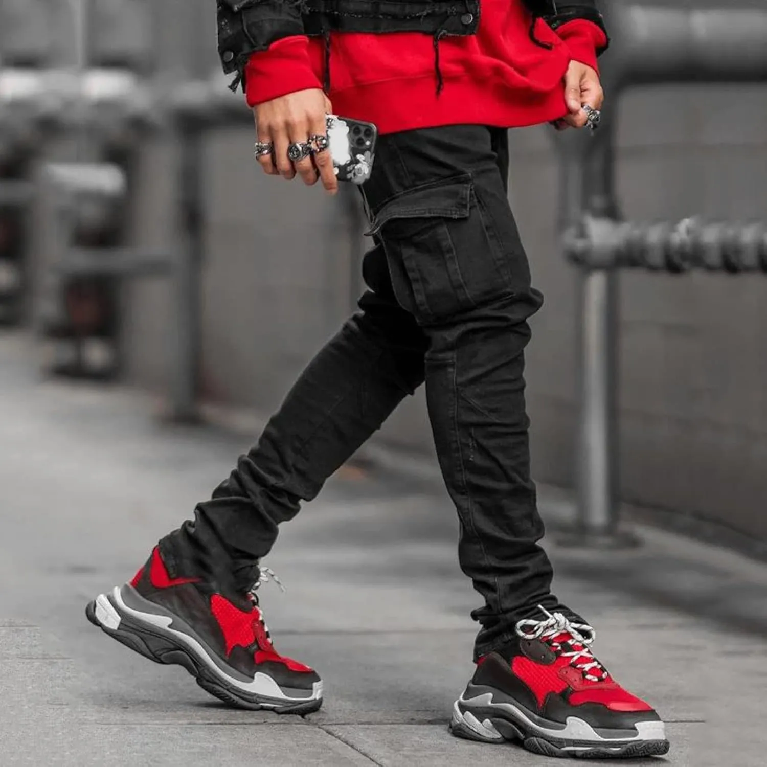 Men's Slim Fit Denim Jeans Casual Fashion Tapered Cargo Jeans Straight Leg Pants Trousers Streetwear Hip Hop Jean with Zipper