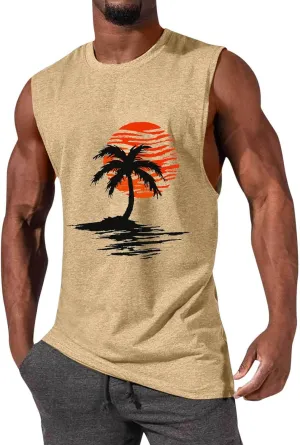 Mens Tank Tops Casual Summer Beach Vacation Hawaiian Graphic Muscle Gym Palm Tree Sleeveless Tee Shirts