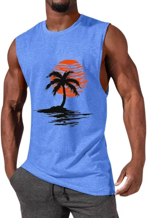 Mens Tank Tops Casual Summer Beach Vacation Hawaiian Graphic Muscle Gym Palm Tree Sleeveless Tee Shirts