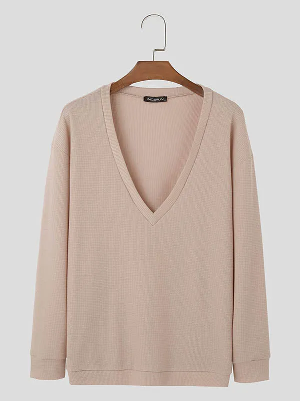 Mens Textured V-Neck Long Sleeve T-Shirt SKUK67387