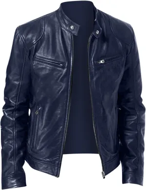 Mens Vintage Leather Casual Jackets Full Zipper Stand Collar Flight Faux Leather Coats Motorcycle Biker Outerwear