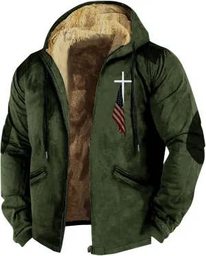 Mens Winter Jacket Printed Flag Hooded Brown Zipper Personalized Patch Casual Cotton Jacket Black Fleece