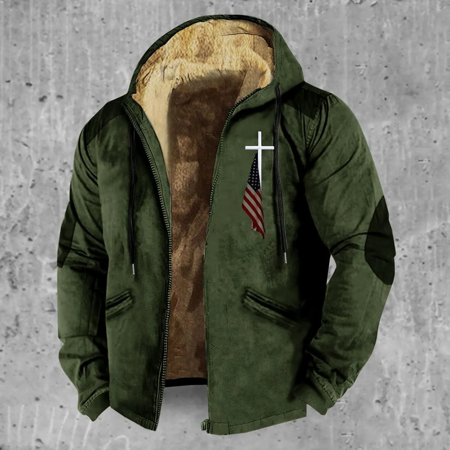 Mens Winter Jacket Printed Flag Hooded Brown Zipper Personalized Patch Casual Cotton Jacket Black Fleece