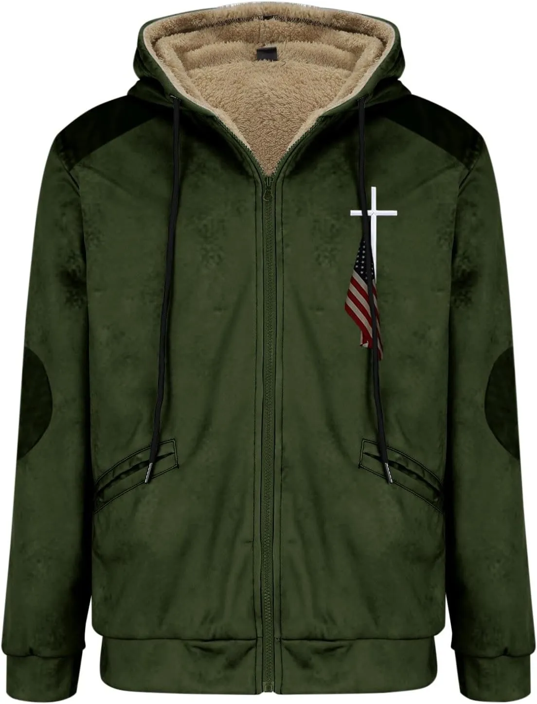 Mens Winter Jacket Printed Flag Hooded Brown Zipper Personalized Patch Casual Cotton Jacket Black Fleece