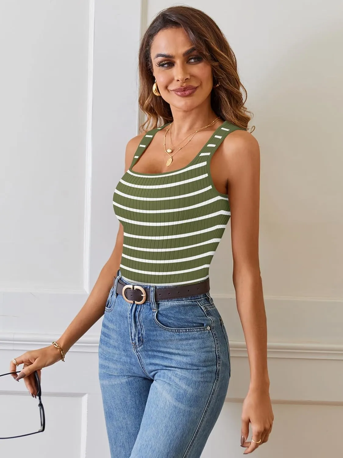 MEROKEETY Women's 2025 Sleeveless Ribbed Tank Tops Striped Knit Square Neck Shirts Summer Casual Basic Tanks
