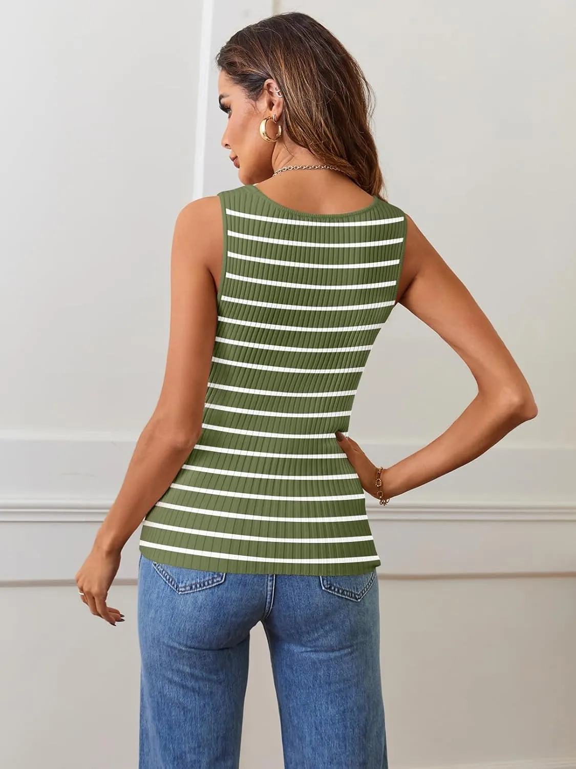 MEROKEETY Women's 2025 Sleeveless Ribbed Tank Tops Striped Knit Square Neck Shirts Summer Casual Basic Tanks