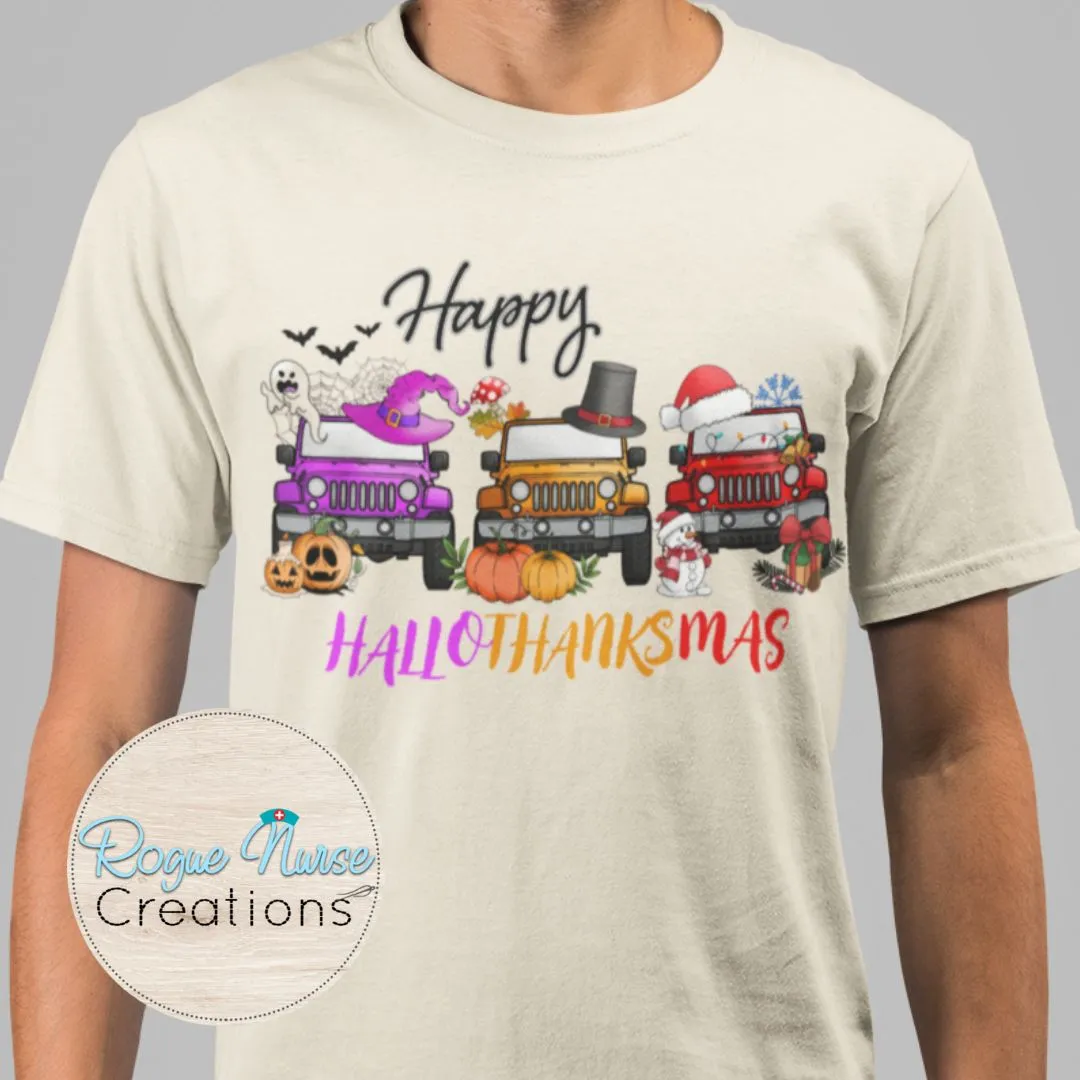 Merry HALLOTHANKSMAS Graphic T-Shirt, Jeep  Holiday Graphic T-Shirt, Nurse Holiday Gift, Halloween Nurse Graphic T-Shirt, Cute Holiday Shirt