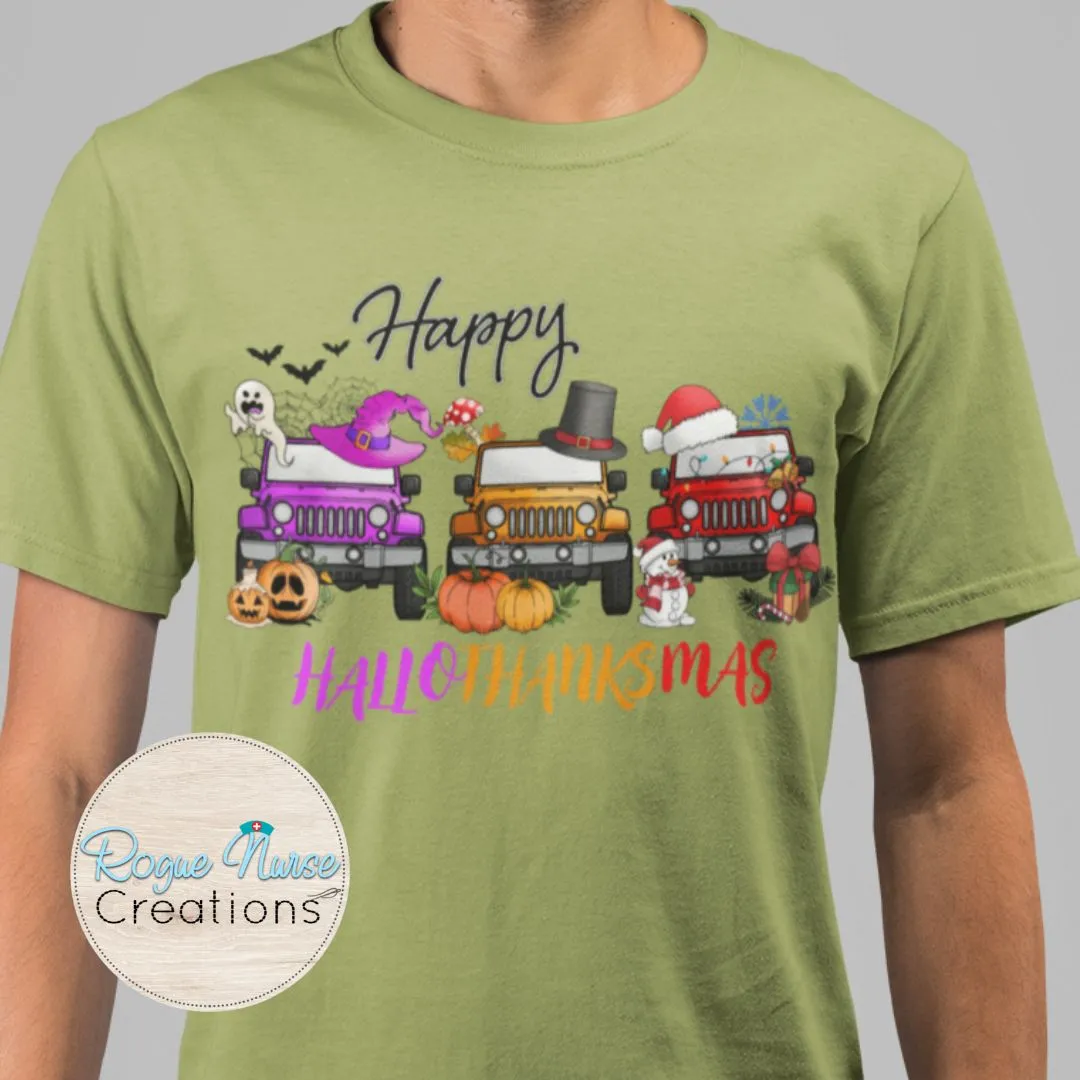 Merry HALLOTHANKSMAS Graphic T-Shirt, Jeep  Holiday Graphic T-Shirt, Nurse Holiday Gift, Halloween Nurse Graphic T-Shirt, Cute Holiday Shirt