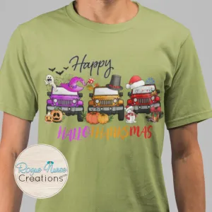 Merry HALLOTHANKSMAS Graphic T-Shirt, Jeep  Holiday Graphic T-Shirt, Nurse Holiday Gift, Halloween Nurse Graphic T-Shirt, Cute Holiday Shirt