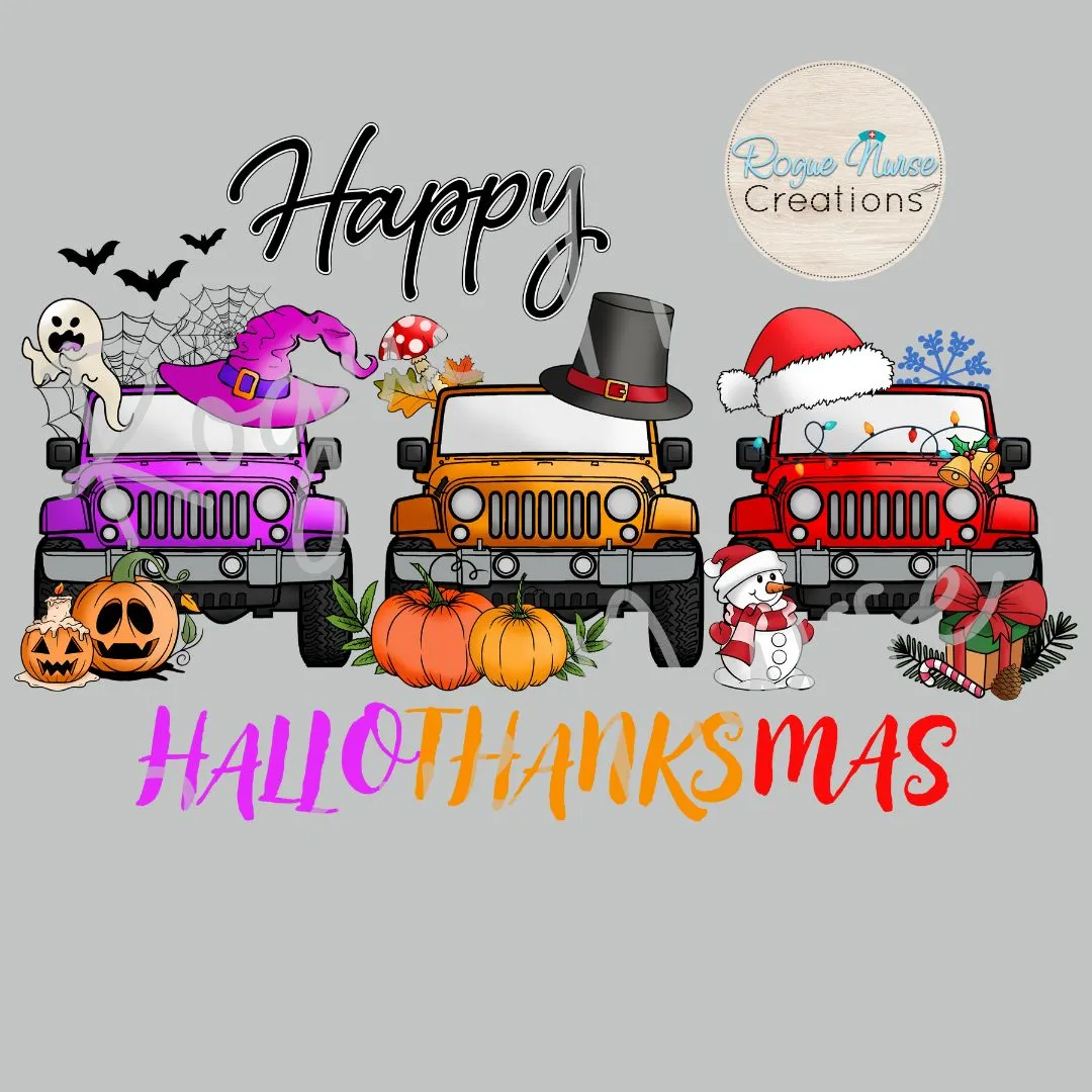 Merry HALLOTHANKSMAS Graphic T-Shirt, Jeep  Holiday Graphic T-Shirt, Nurse Holiday Gift, Halloween Nurse Graphic T-Shirt, Cute Holiday Shirt
