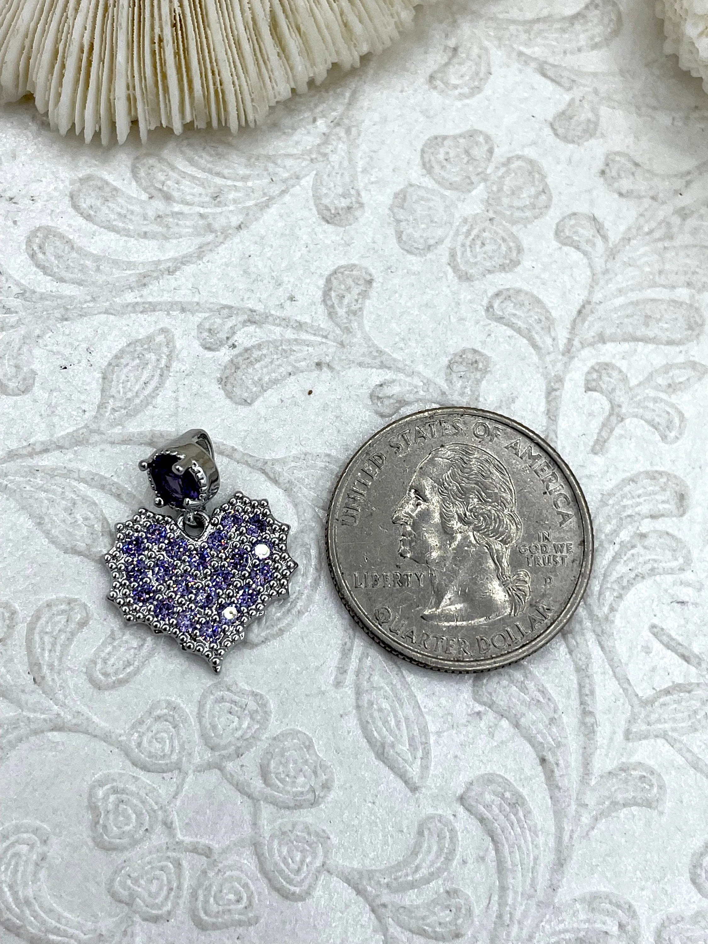 Micro PAVE Gold or Silver Heart Charms with Purple CZ, Cubic Zirconia Heart Charms, CZ Heart Pendants, Gold or Silver Heart Charm, Fast Ship
